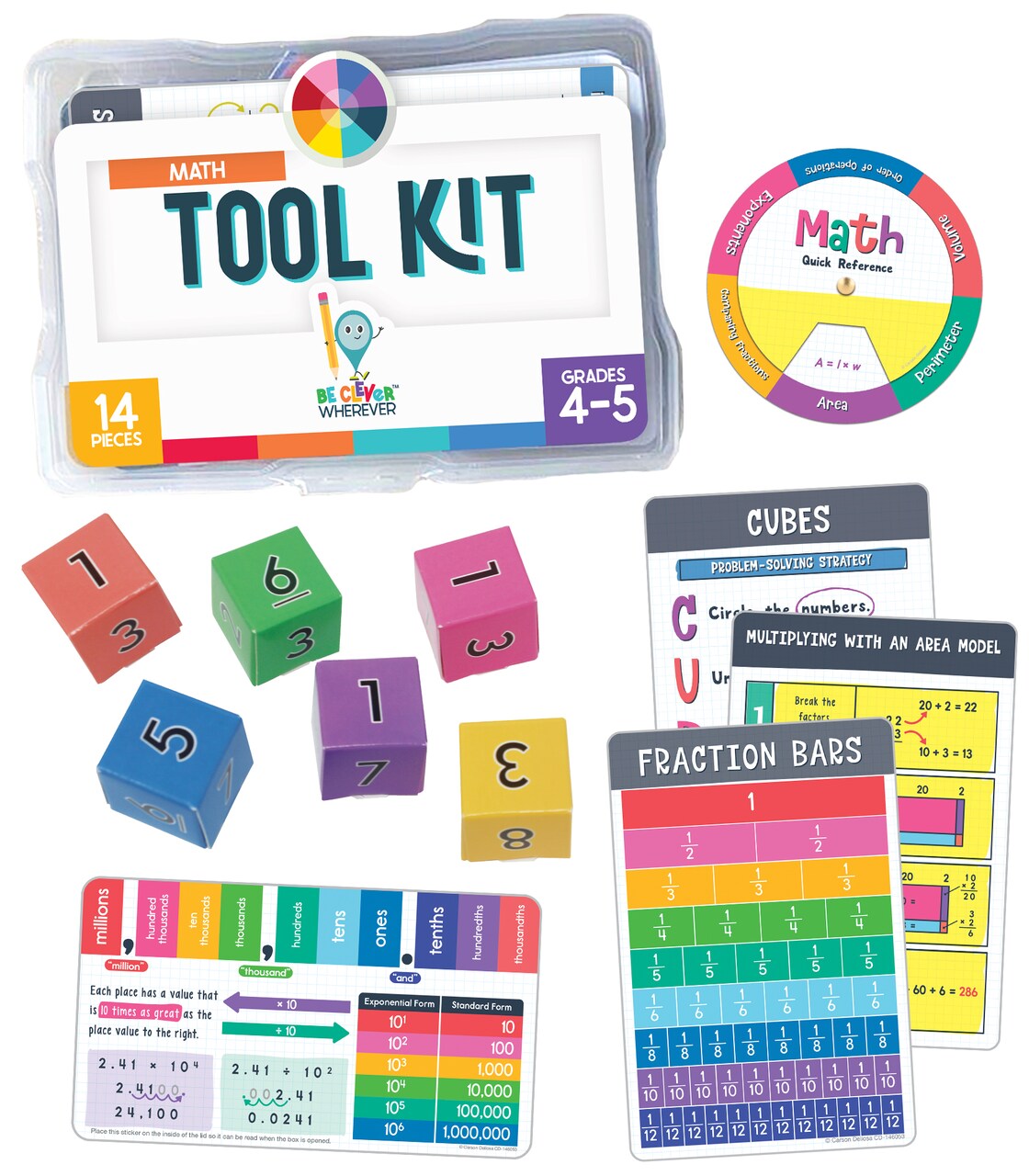 Carson Dellosa 30-Piece Be Clever Wherever Grades 4-5 Mathematics Tool Kit, Sticker Chart, Spin Wheel, Counting Cubes, and More Math Manipulatives Covering Multiplication and Fractions